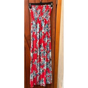 Xhilaration Womens Red Floral Strapless Smocked Maxi Dress XS Back‎ Zip Summer